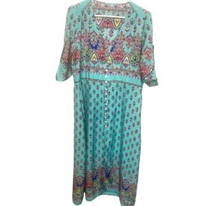 Turquoise Peasant Maxi Dress L Button Up Boho Drawstring Waist Hippie Y2K